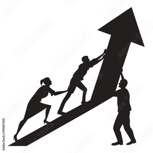 Business people silhouettes running together on an upward arrow symbolizing success, leadership, teamwork, and competition in a modern business concept illustration