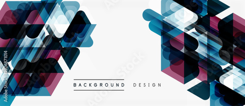 Abstract geometric shapes, vibrant colors, modern design. White space creates balance, visual appeal. Background elements suggest technology, innovation.