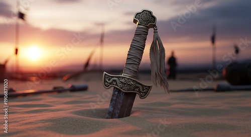 Wallpaper Mural Ancient sword embedded in sand at sunset with desert battlefield in background Torontodigital.ca