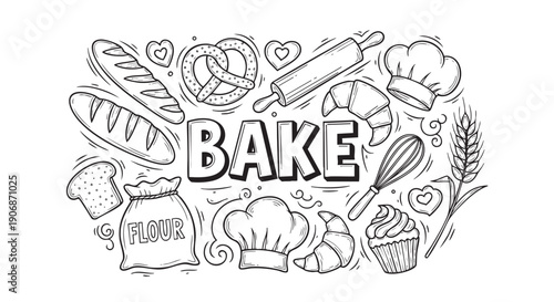 Black and white drawing of baked goods including bread, pastries, flour, and cooking tools. Ideal for baking businesses or design projects.