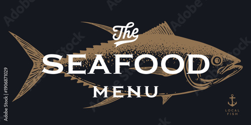 Fish menu. Gilt-head bream, fish, Dorado, seafood, sketch. Vintage retro print, seafood fish sketch, logo sign template, ink pencil style drawing, engrave old school. Vector Illustration
