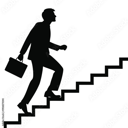 Black silhouette vector illustration of a businessman running up stairs representing business growth and progress
