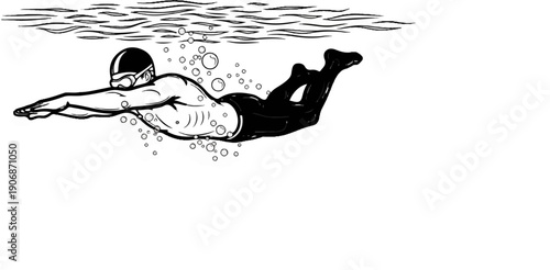 Diver in black suit swims underwater with bubbles and waves above