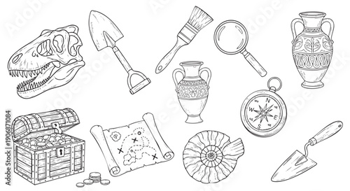 Outlined drawing features a treasure chest, map, fossil, skull, compass, and more for archeology, history, or educational content. Perfect for adventure themes.