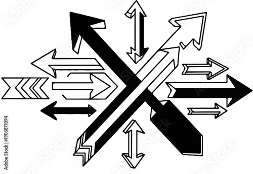 Diverse arrows in multiple directions, some thick, some thin, some outlined