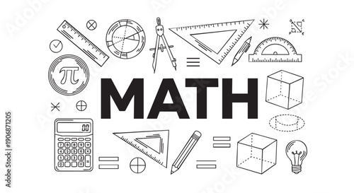 Black and white line art illustration with math tools, shapes, and the word MATH in bold, useful for education, school, learning materials.