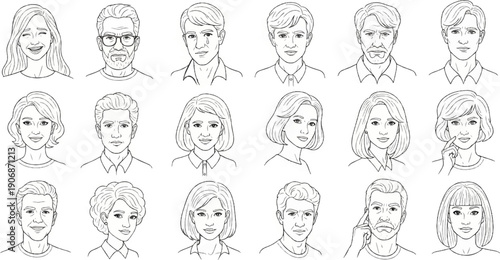 Diverse collection of sketched portraits of individuals displaying varied emotions and ages