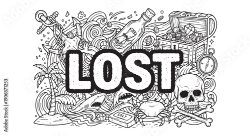 Whimsical cartoon doodle featuring the word "LOST" surrounded by classic pirate elements like treasure, skull, island, and sea, ideal for adventure themed designs.