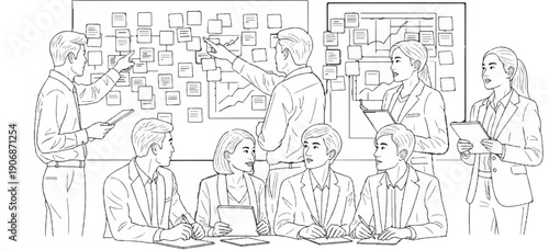 Diverse group collaborating around a whiteboard with sticky notes and charts