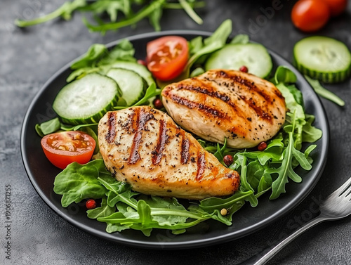 Grilled chicken breast salad with rocket and cucumber, tomato in black dish on stone table.