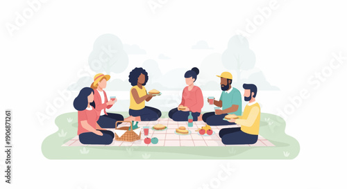 Diverse group enjoys a sunny picnic, sharing food and drinks on a checkered blanket