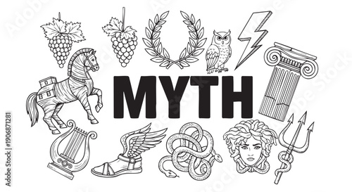 Line art illustration of Greek mythology elements, including Zeus's lightning bolt, Medusa, a trojan horse, grapes, an owl, with MYTH text in the center.