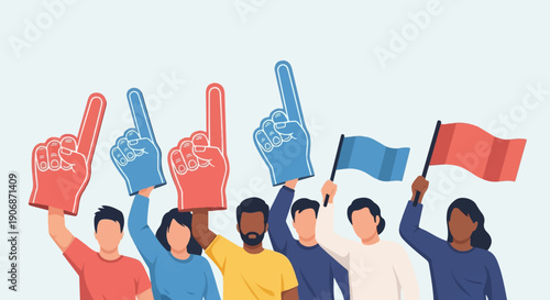 Diverse group of people enthusiastically waving foam fingers and flags