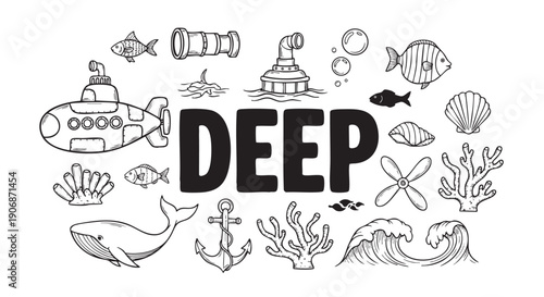 Black and white doodles depict underwater life, including a submarine, whale, coral, shells, fish, waves, and the word "DEEP," creating a fun and whimsical scene.
