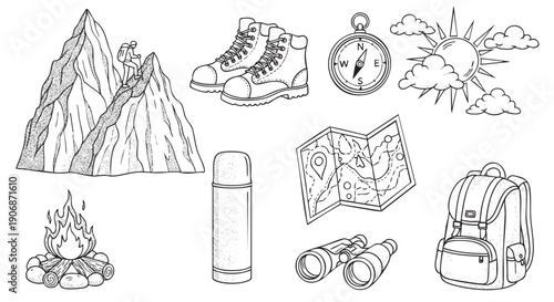 Line art illustration featuring hiking elements such as mountain, boots, compass, map, and backpack suitable for adventure themes and travel guides.