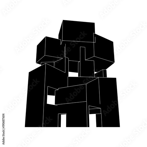 Abstract geometric sculpture made of black cubes and rectangles.