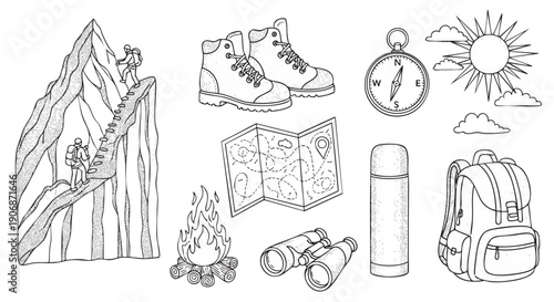 This detailed black and white illustration features various hiking essentials, perfect for outdoor adventure or travel-themed designs.