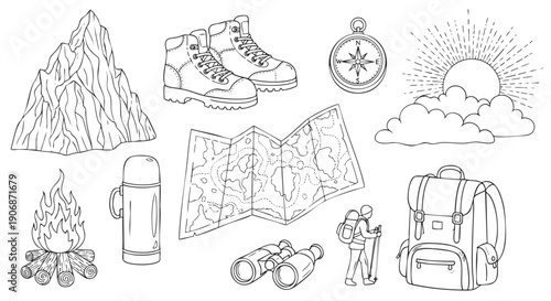 Hand-drawn style illustration on white background featuring hiking boots, backpack, map, and other camping equipment ready for an outdoor adventure.