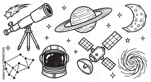 Collection of black and white line art illustrations including an astronaut helmet, telescope, planet, satellite, and other space elements, ideal for educational or creative projects.