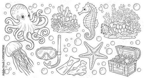 An outlined illustration featuring diverse marine life, including an octopus, seahorse, coral, jellyfish, and treasure chest, perfect for coloring pages and educational materials.