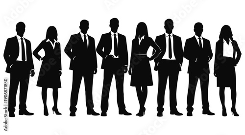 Diverse group of business professionals in formal attire standing together.
