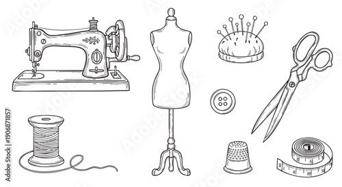 Illustration of vintage sewing equipment, including a machine, mannequin, and scissors. Great for a crafting blog or fashion design content.