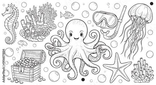Black and white vector illustration of various undersea creatures including octopus, jellyfish, seahorse, and treasure, perfect for a coloring book page or ocean themed design.