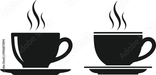 Black silhouette coffee cup icons with steam rising, showcasing two distinct handle and bowl designs on saucers for hot beverages