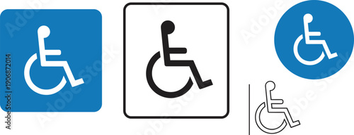 Inclusive accessibility icons showcasing international wheelchair symbol variations in blue, black, and white designs for universal disability-friendly spaces