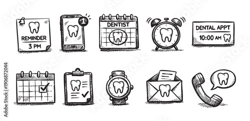 A set of hand-drawn doodle icons related to dental appointments, perfect for use in websites, marketing materials, and other visual communications.