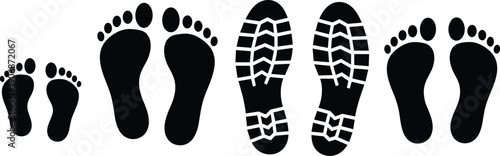 Journey of footprints across generations, from child’s bare steps to adult shoe impressions, symbolizing growth, diversity, and human presence