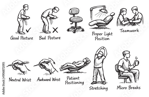 Black and white sketch illustrating ergonomics, good posture, neutral wrist, and micro breaks, ideal for training materials and health resources.