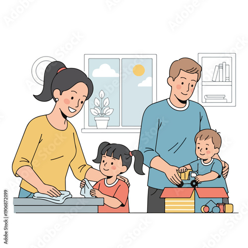 Family of four, depicted in vector style, cleaning and tidying up together