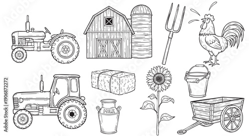 Hand-drawn farm elements featuring barn, tractors, rooster, and sunflower in black and white, suitable for illustrations and designs.