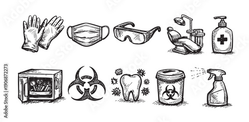 Black and white sketch illustration of dental healthcare equipment, including mask, gloves, chair, disinfectant, biohazard and tools for healthcare design elements.
