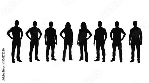 Diverse group of people standing in silhouette against a white background.