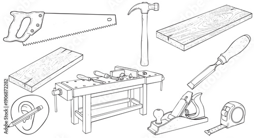 An illustrative black and white image showing woodworking tools such as a hammer, saw, wood plane, and workbench, ideal for DIY or construction projects.