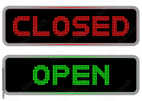 Open and Closed LED Sign Vector Illustration Set. Digital Dot Matrix Electronic Store Display Board isolated on white. Red and Green Glowing Status Indicator for Shop, Restaurant, and Business.