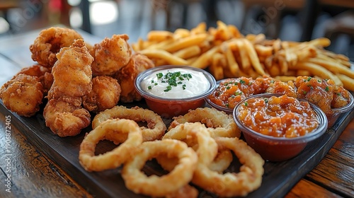 Delicious pub appetizers, including mozzarella sticks, chicken wings, onion rings, and fries with dip.