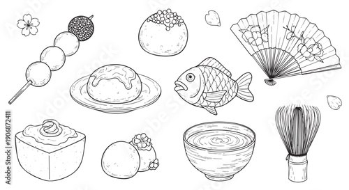Line art illustration of various Japanese sweets, snacks, and cultural items, including dango, fan, fish, and matcha whisk. Ideal for culinary, cultural, or design projects.