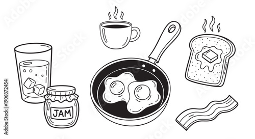 Monochrome illustration of breakfast food: eggs, toast, bacon, jam, coffee, and juice, perfect for menus, cookbooks, or creative graphic designs.