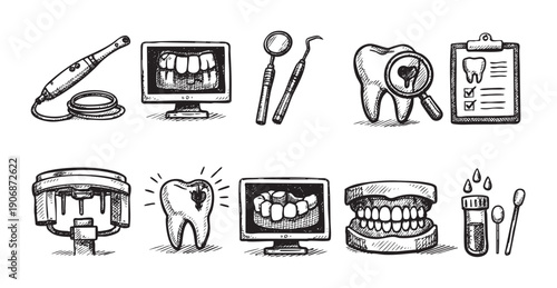 Hand drawn vector illustrations of dental instruments, teeth, and x-rays. Useful for website designs, medical brochures, and dental education materials.