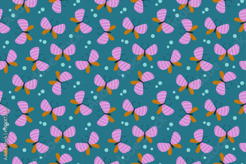 Seamless pattern with cute pink butterflies and blue dots on dark background. Flat style. Ideal for kids textiles, nursery decor, wallpapers, wrapping paper, stationery, prints. Vector illustration