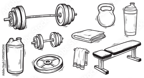 Hand-drawn fitness equipment including barbell, dumbbells, kettlebell, towels, shaker, and bench; a monochromatic sketch style perfect for health, wellness, and gym-related design projects.