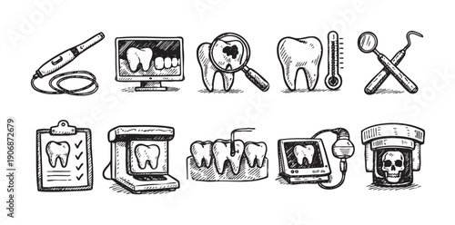 A collection of hand-drawn style dental icons, including teeth, equipment, examination tools. Perfect for dental clinics, oral hygiene advertising, and healthcare-related content.