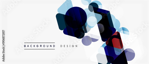 Abstract geometric shapes overlap, creating dynamic composition. Blue, red hues dominate white background. Minimalist design elements present.