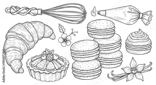 Black and white sketch illustration of baking ingredients and pastries including macarons, croissant, tart, vanilla flower, whisk, and piping bag ideal for culinary projects.