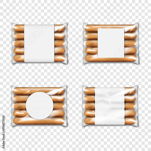 Sausage pack with various white blank paper labels. Vector mockup. Clear glossy plastic pouch filled with thin long hot dog sausages. Mock-up set. Meat snack transparent package. Template for design