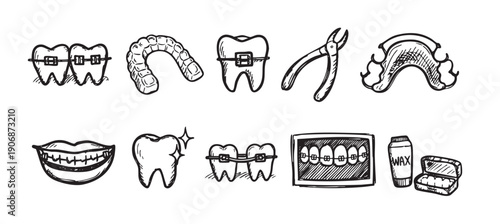 Hand drawn illustration of orthodontics appliances. Perfect for educational materials, presentations, or social media posts related to dentistry and braces.