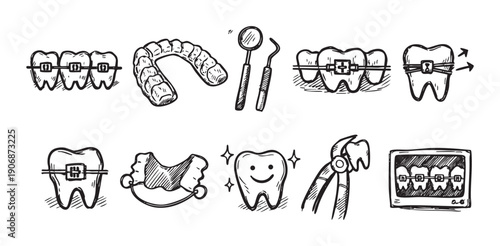 Black and white sketchy dental illustration set. Depicting tooth braces, aligners, dental tools and X-rays. Ideal for dental clinics, hygiene promotions and health care websites.